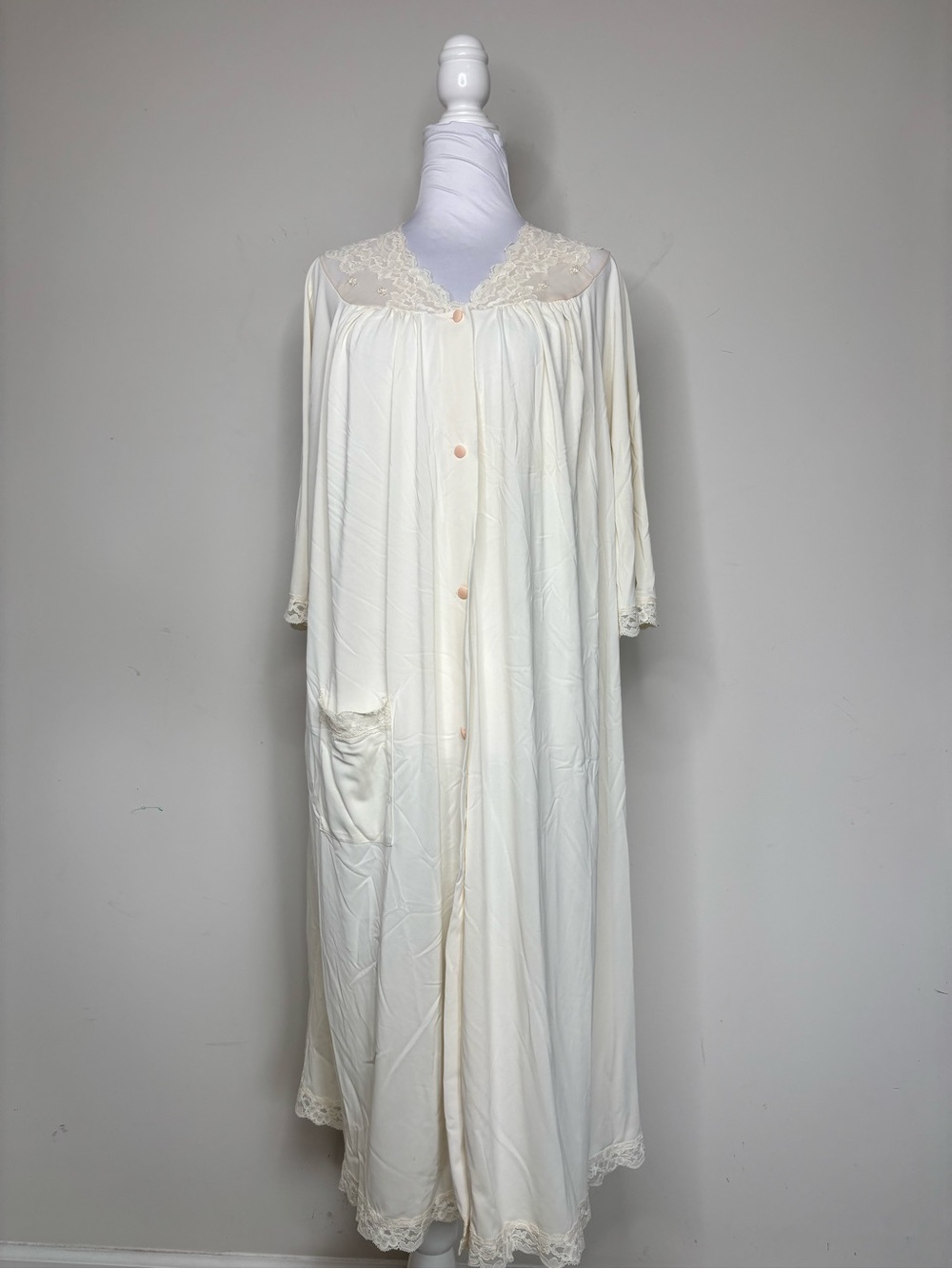 M1 Shadowline Vintage Lace-Trim Long Nightgown Cream Pink Retro Women Large